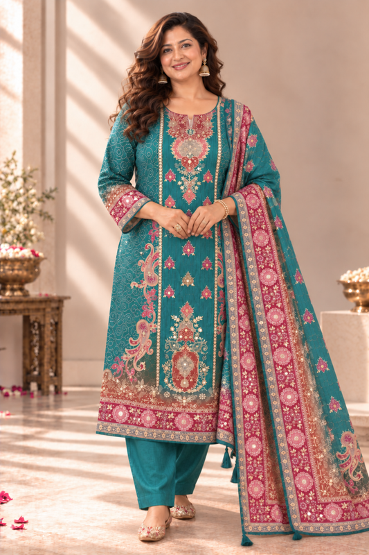 Kashish Teal Muslin Suit With Mirror Work