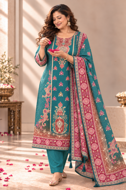 Kashish Teal Muslin Suit With Mirror Work
