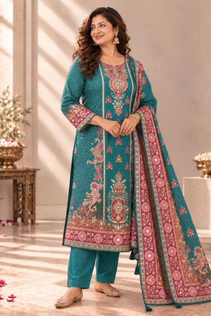 Kashish Teal Muslin Suit With Mirror Work