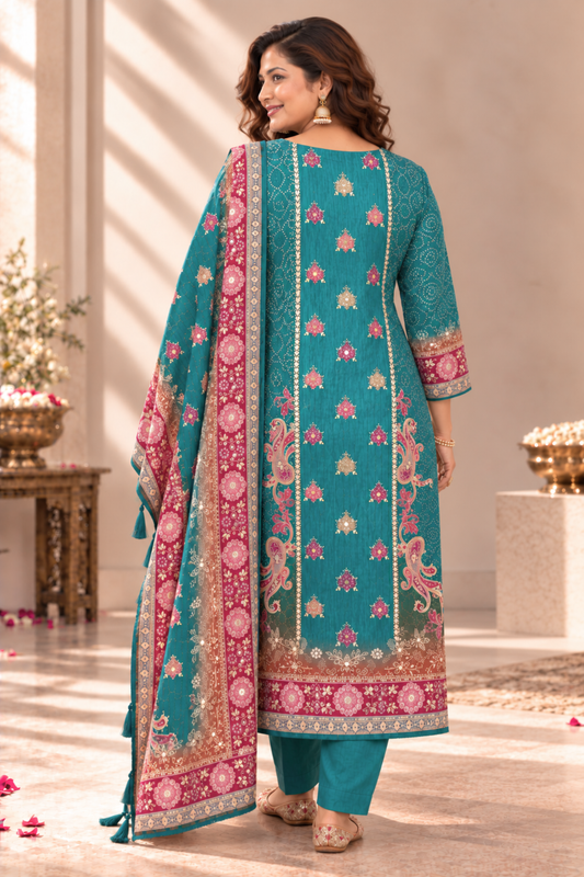 Kashish Teal Muslin Suit With Mirror Work