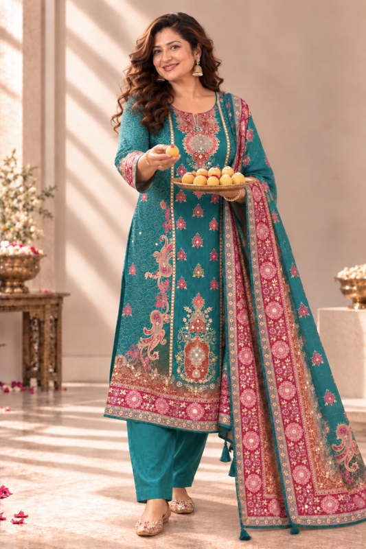 Kashish Teal Muslin Suit With Mirror Work