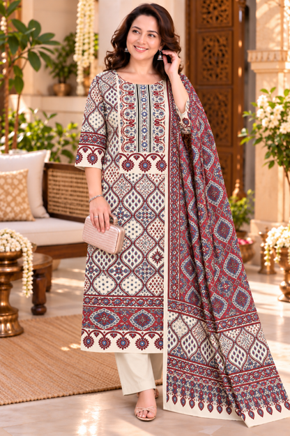 Kashmira Ivory Ajrakh Suit With Beads Highlights