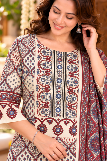 Kashmira Ivory Ajrakh Suit With Beads Highlights