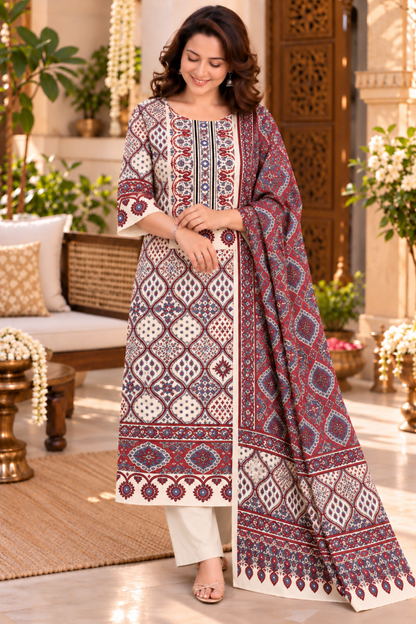 Kashmira Ivory Ajrakh Suit With Beads Highlights