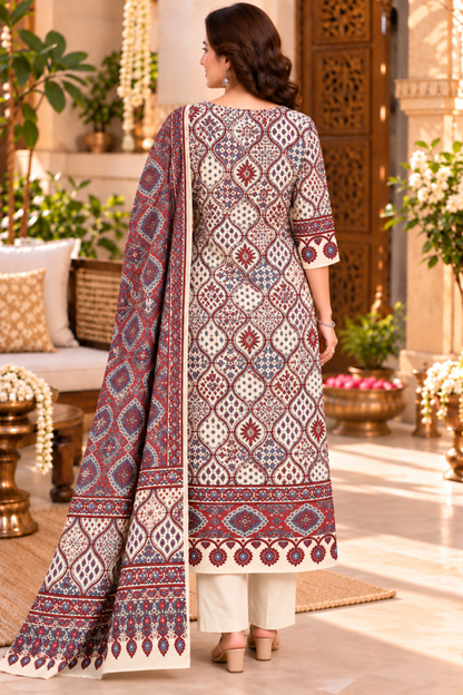 Kashmira Ivory Ajrakh Suit With Beads Highlights