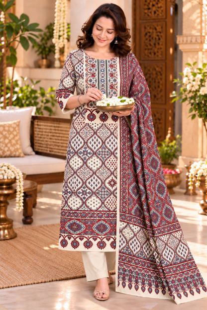 Kashmira Ivory Ajrakh Suit With Beads Highlights