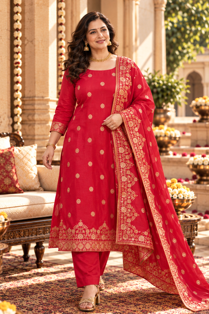 Katyayani Red Jacquard Silk Suit