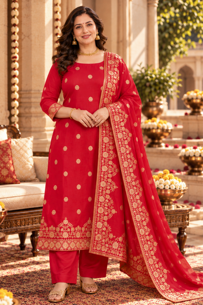 Katyayani Red Jacquard Silk Suit