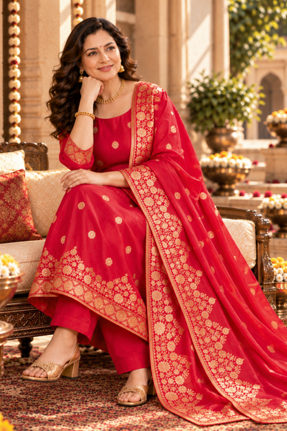 Katyayani Red Jacquard Silk Suit