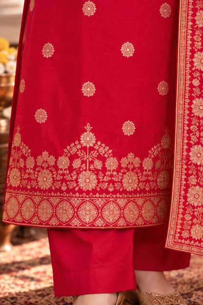 Katyayani Red Jacquard Silk Suit