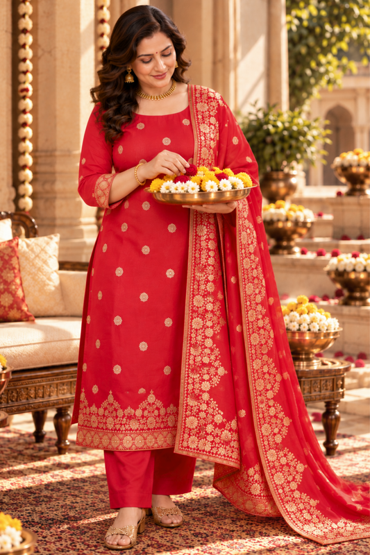 Katyayani Red Jacquard Silk Suit