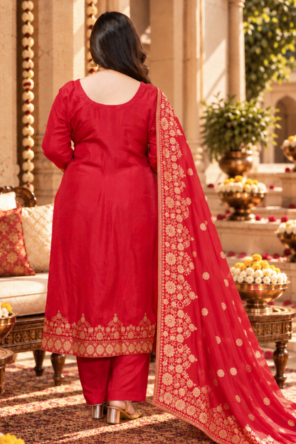 Katyayani Red Jacquard Silk Suit