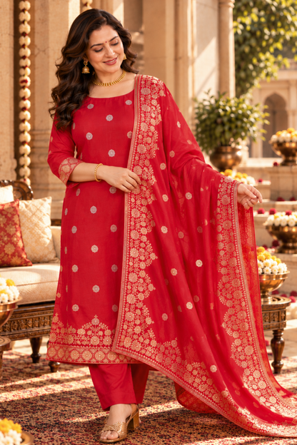 Katyayani Red Jacquard Silk Suit