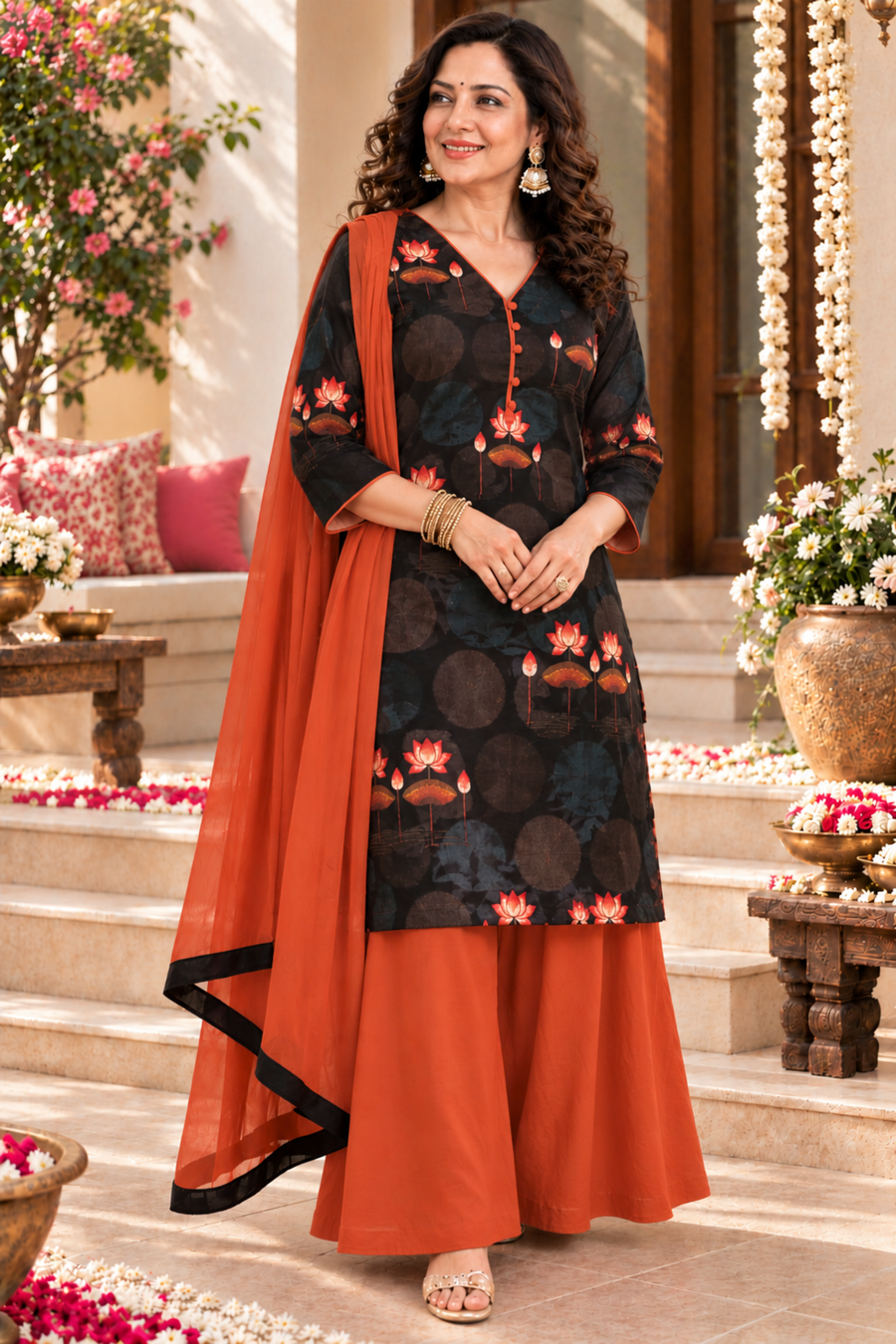 Kesriya Rust Suit Set With Floral Print