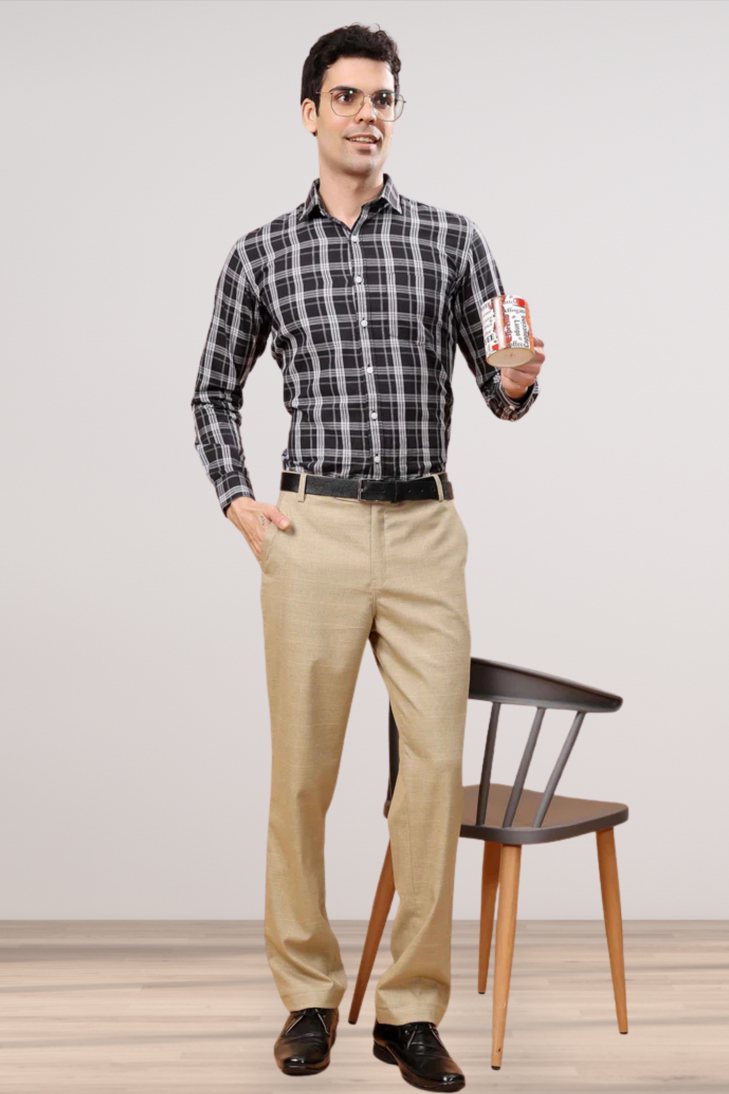 Khaki Checked Formal Trousers