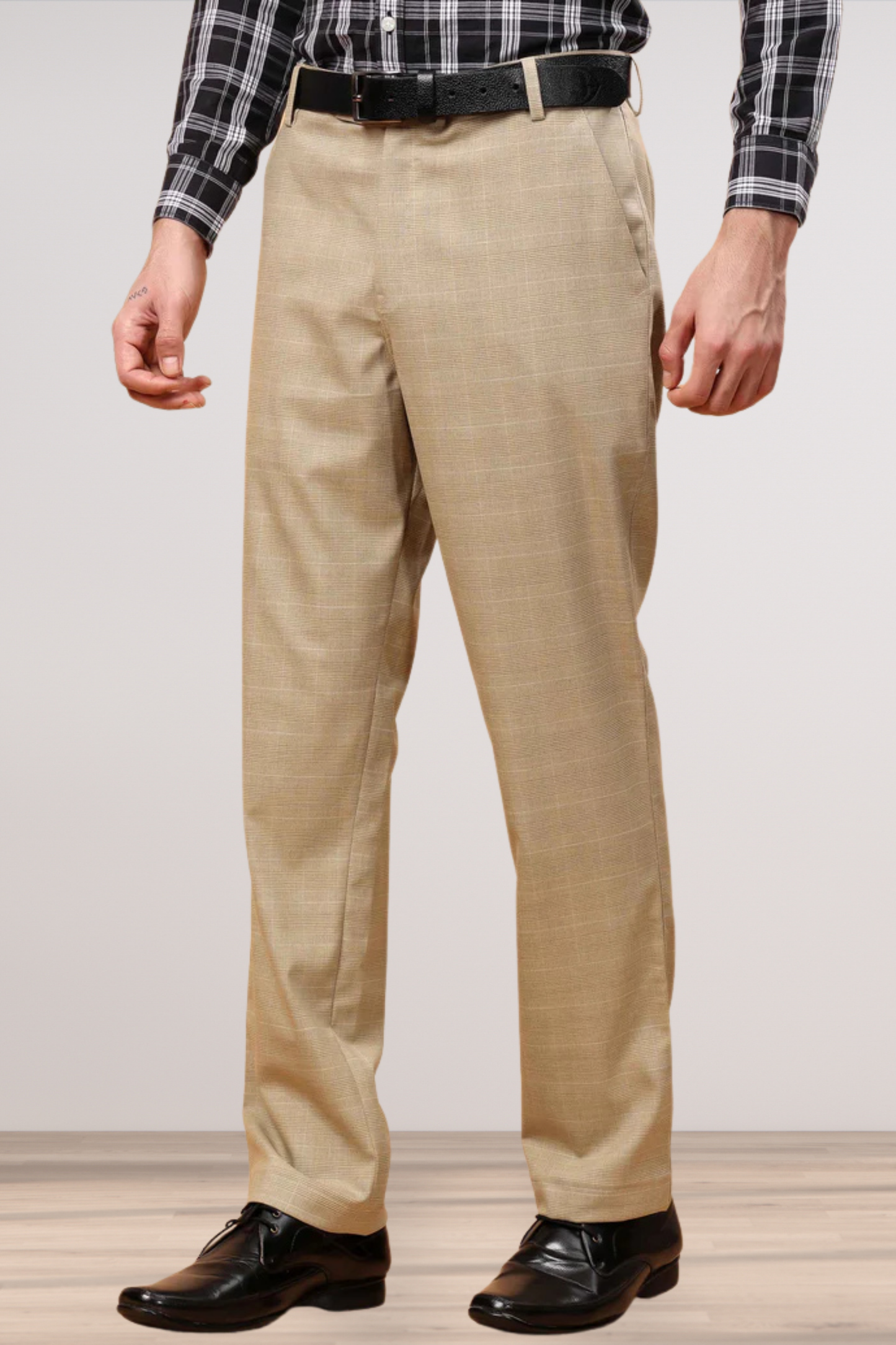 Khaki Checked Formal Trousers