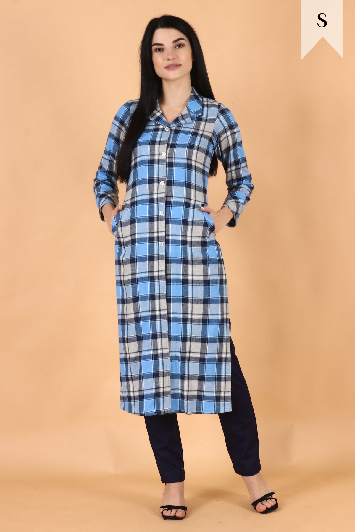 Buy Plus Size ​Blue Checked Woollen Kurta At Apella | Sizes XS to 10 XL | India | Free Delivery | Customized