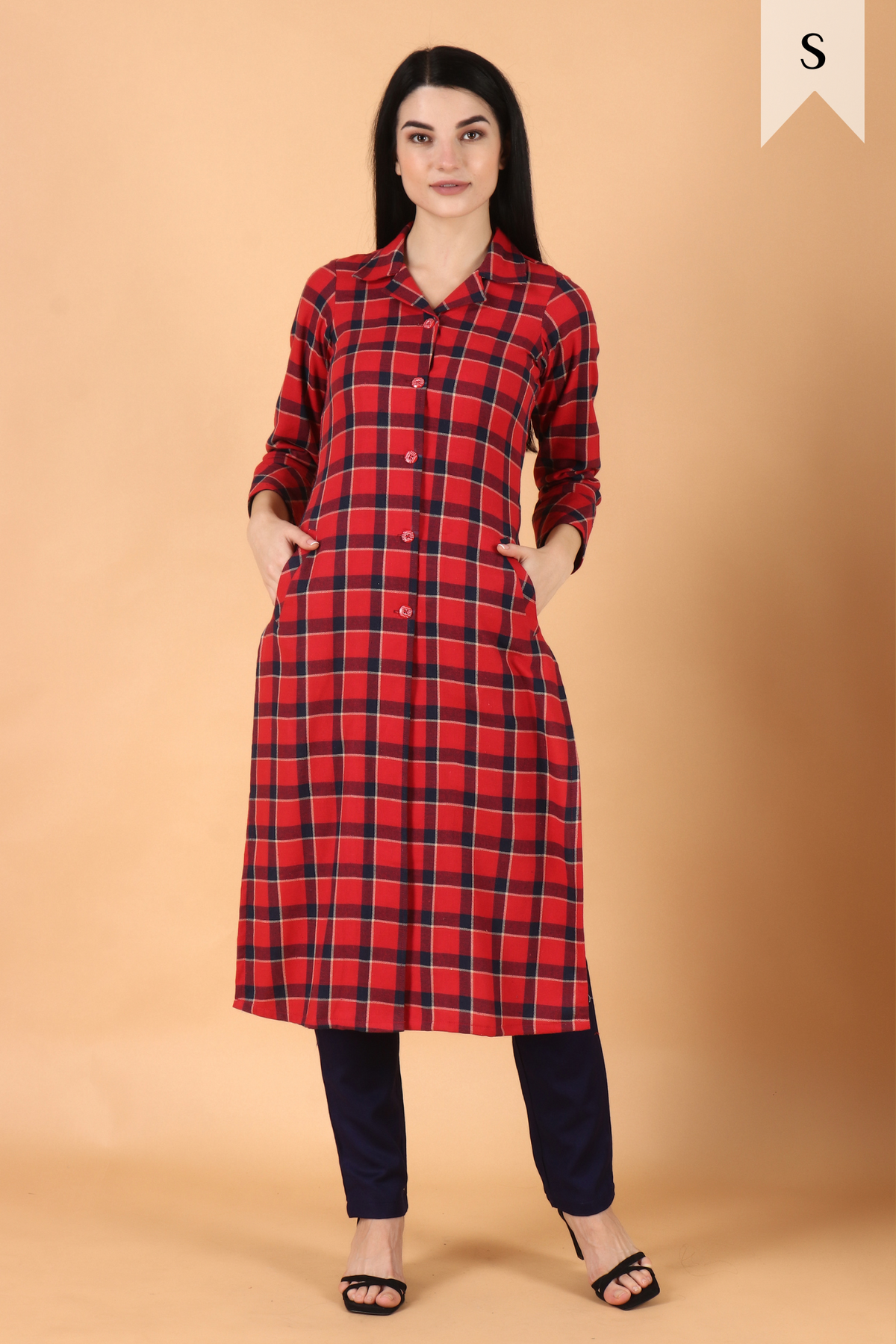 Buy Plus Size ​Red Checked Woollen Kurta At Apella | Sizes XS to 10 XL | India | Free Delivery | Customized