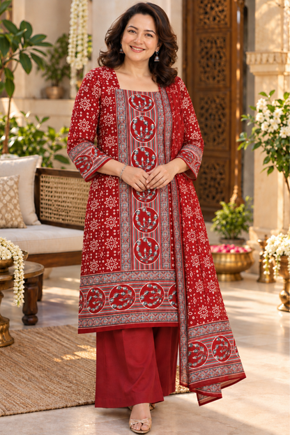 Mehreen Red Ajrakh Suit With Beads Highlights