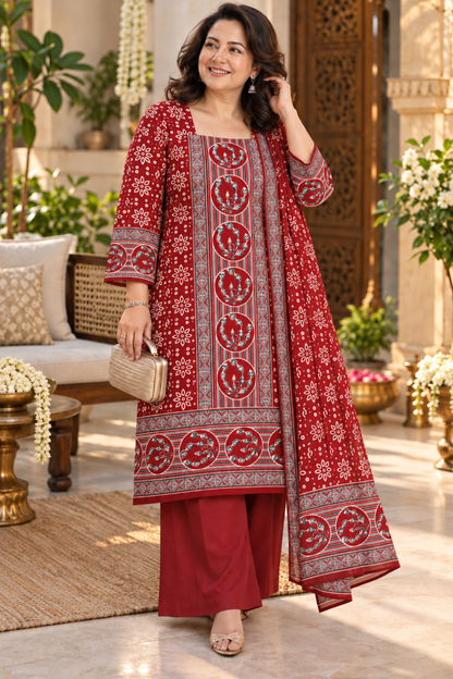 Mehreen Red Ajrakh Suit With Beads Highlights