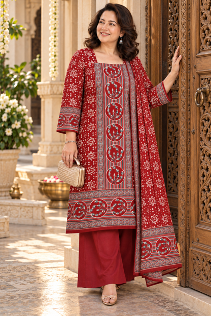 Mehreen Red Ajrakh Suit With Beads Highlights