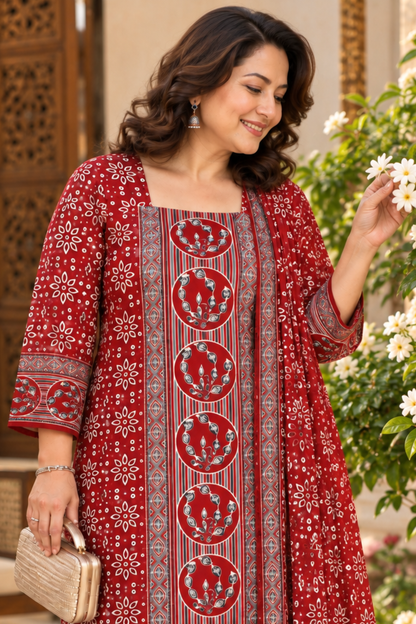 Mehreen Red Ajrakh Suit With Beads Highlights