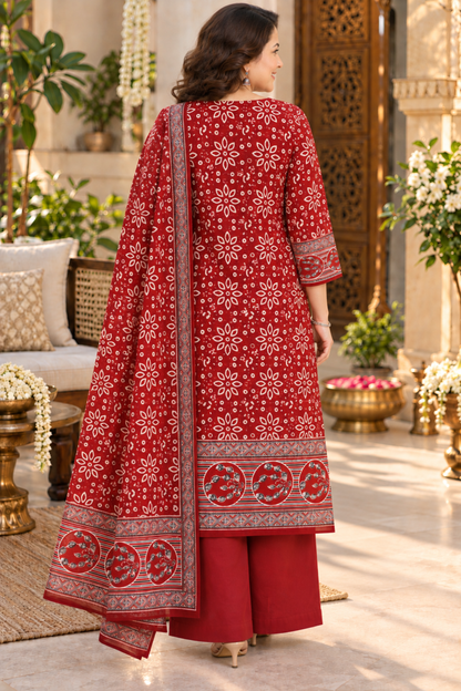 Mehreen Red Ajrakh Suit With Beads Highlights