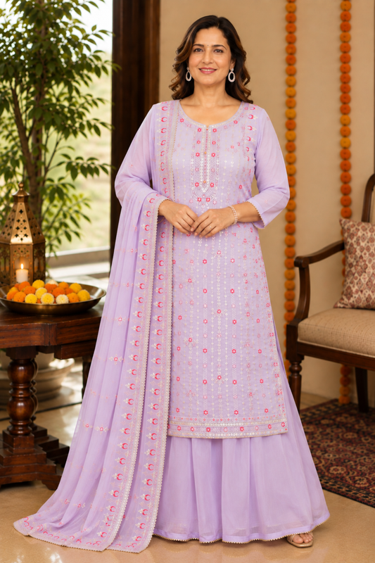 Lavender Sequin Organza Skirt Suit
