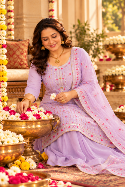 Lavender Sequin Organza Skirt Suit