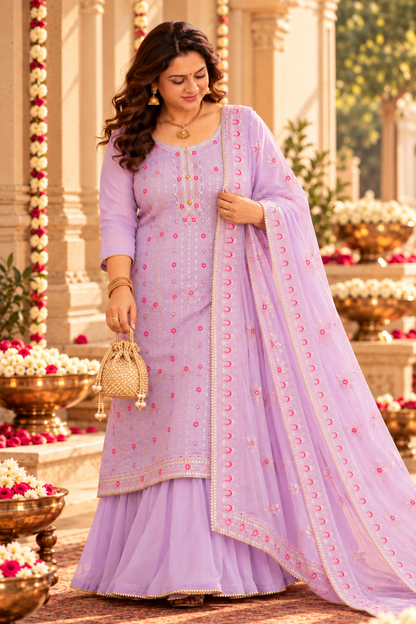Lavender Sequin Organza Skirt Suit