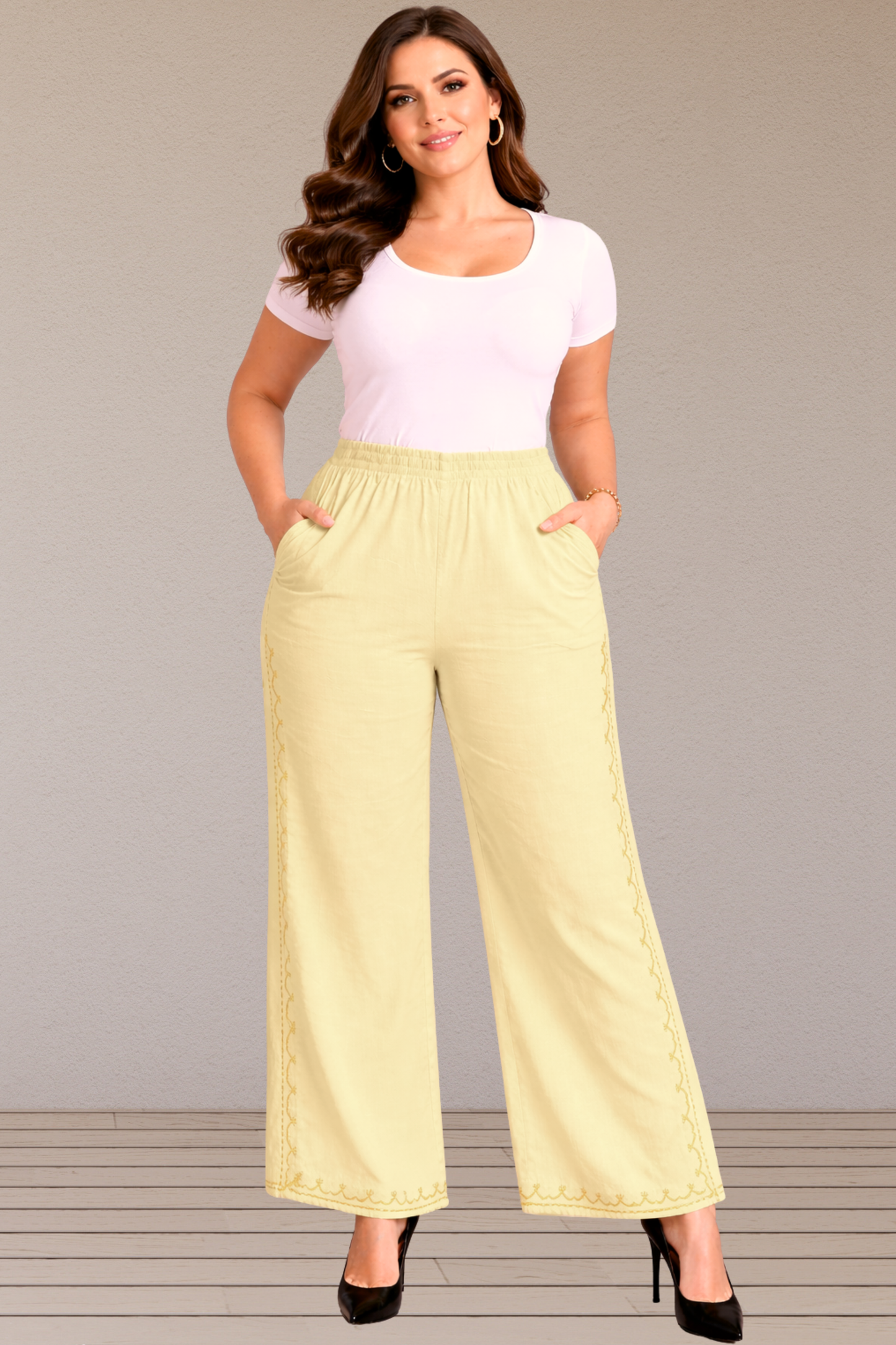 Lemon Embroidered Cotton Palazzo