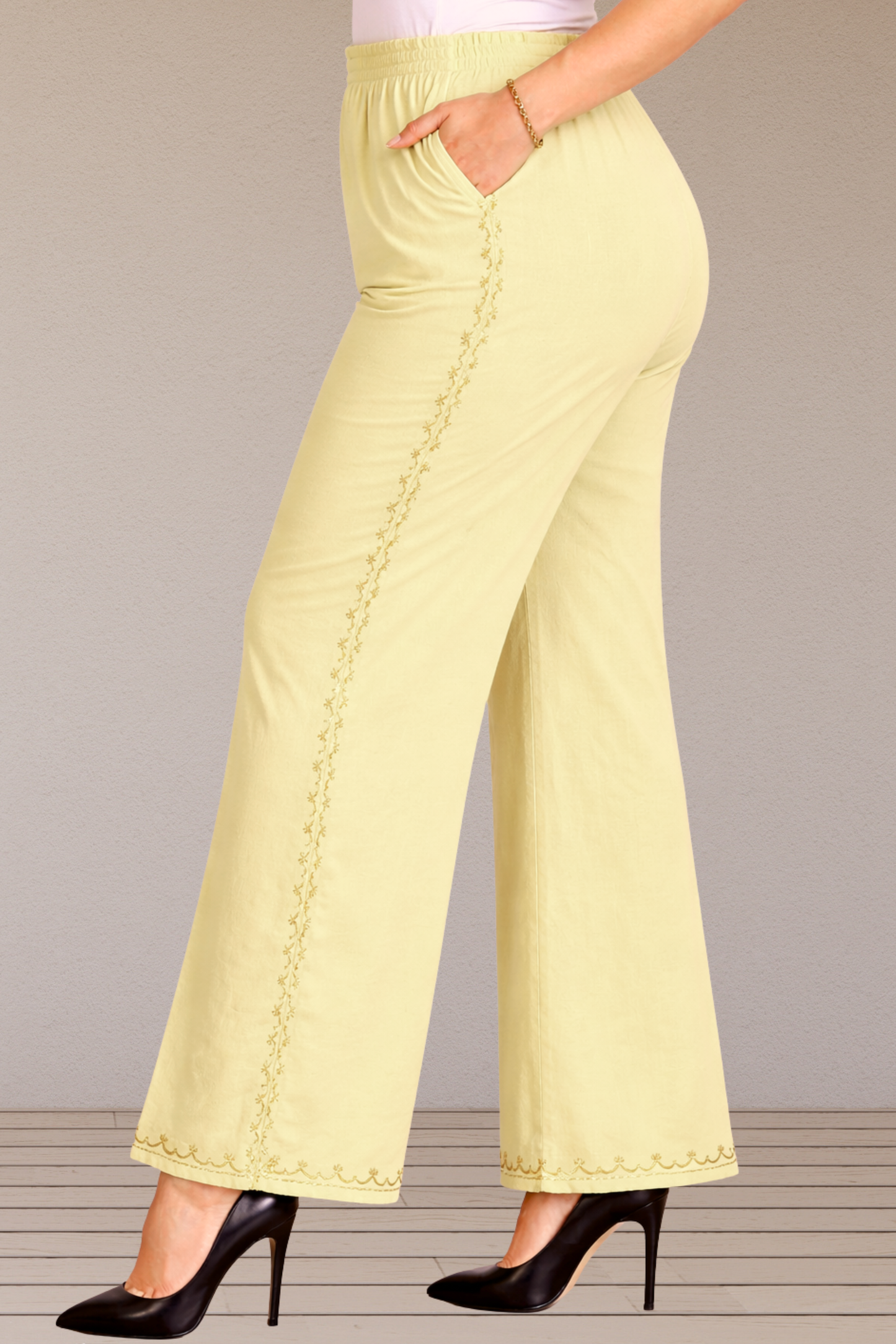 Lemon Embroidered Cotton Palazzo