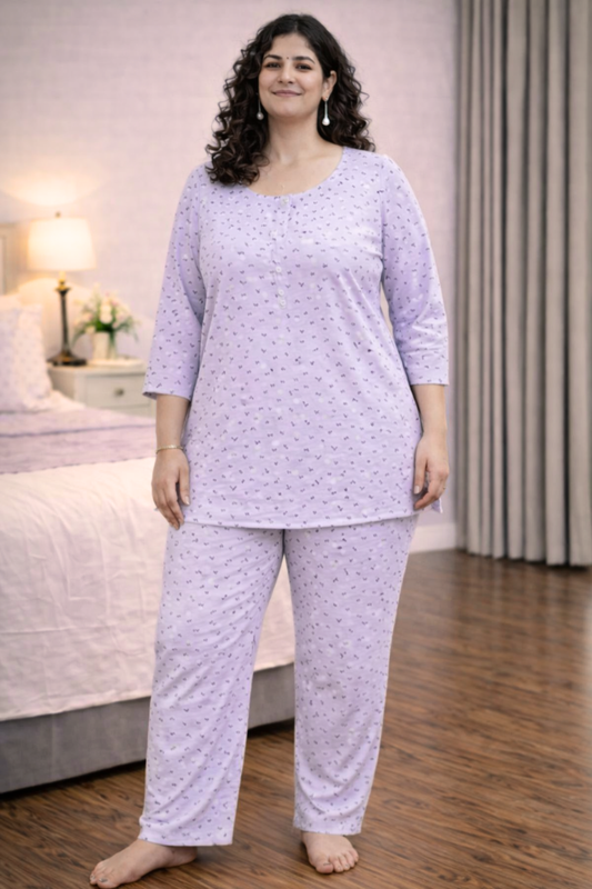 Lilac Floral Cotton Night Suit