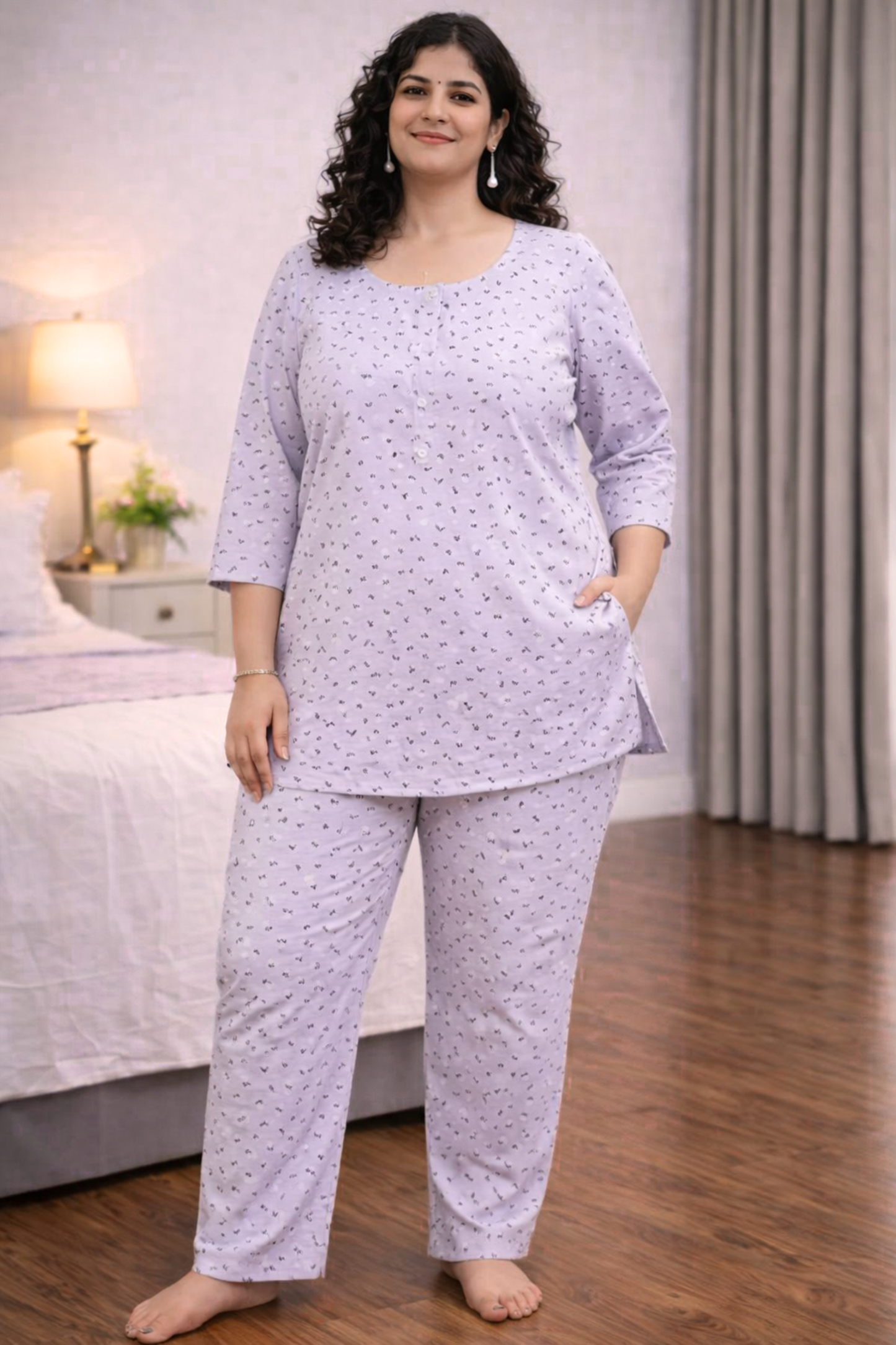 Lilac Floral Cotton Night Suit