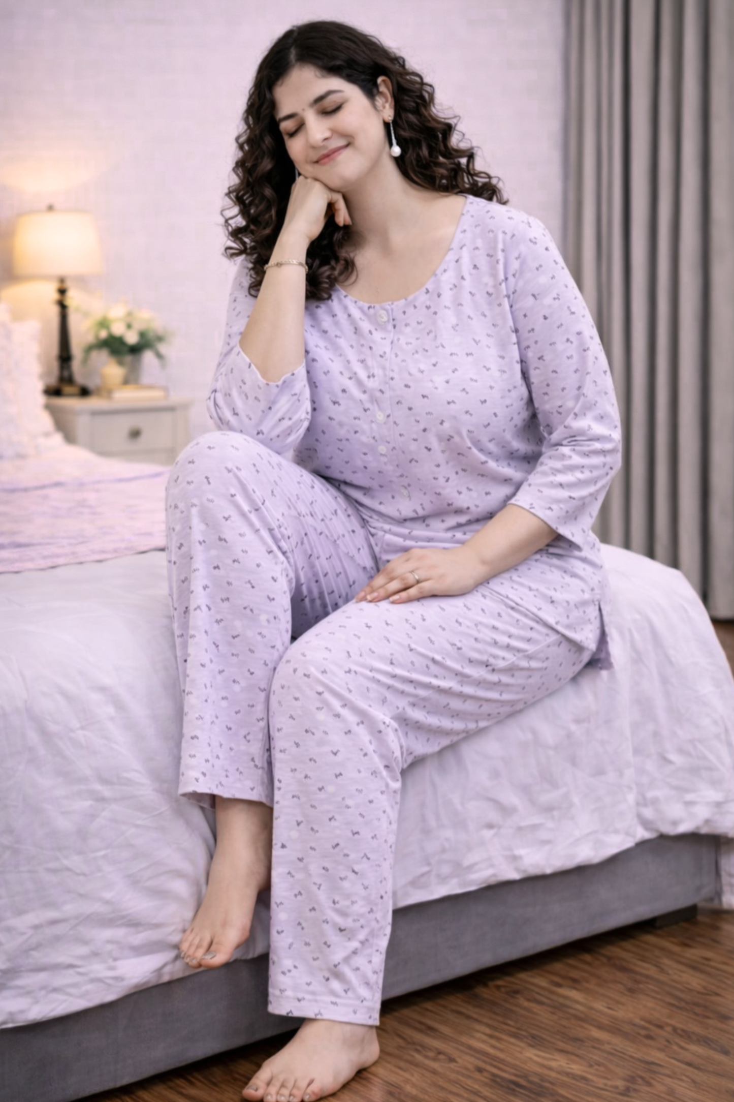 Lilac Floral Cotton Night Suit