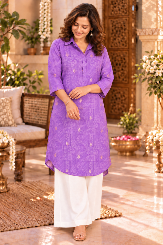 Lilac Whispers Muslin Kurta With Foil Print
