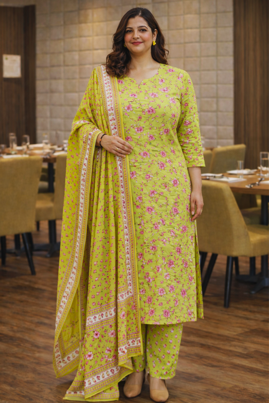 Lime Breeze Printed Cotton Suit