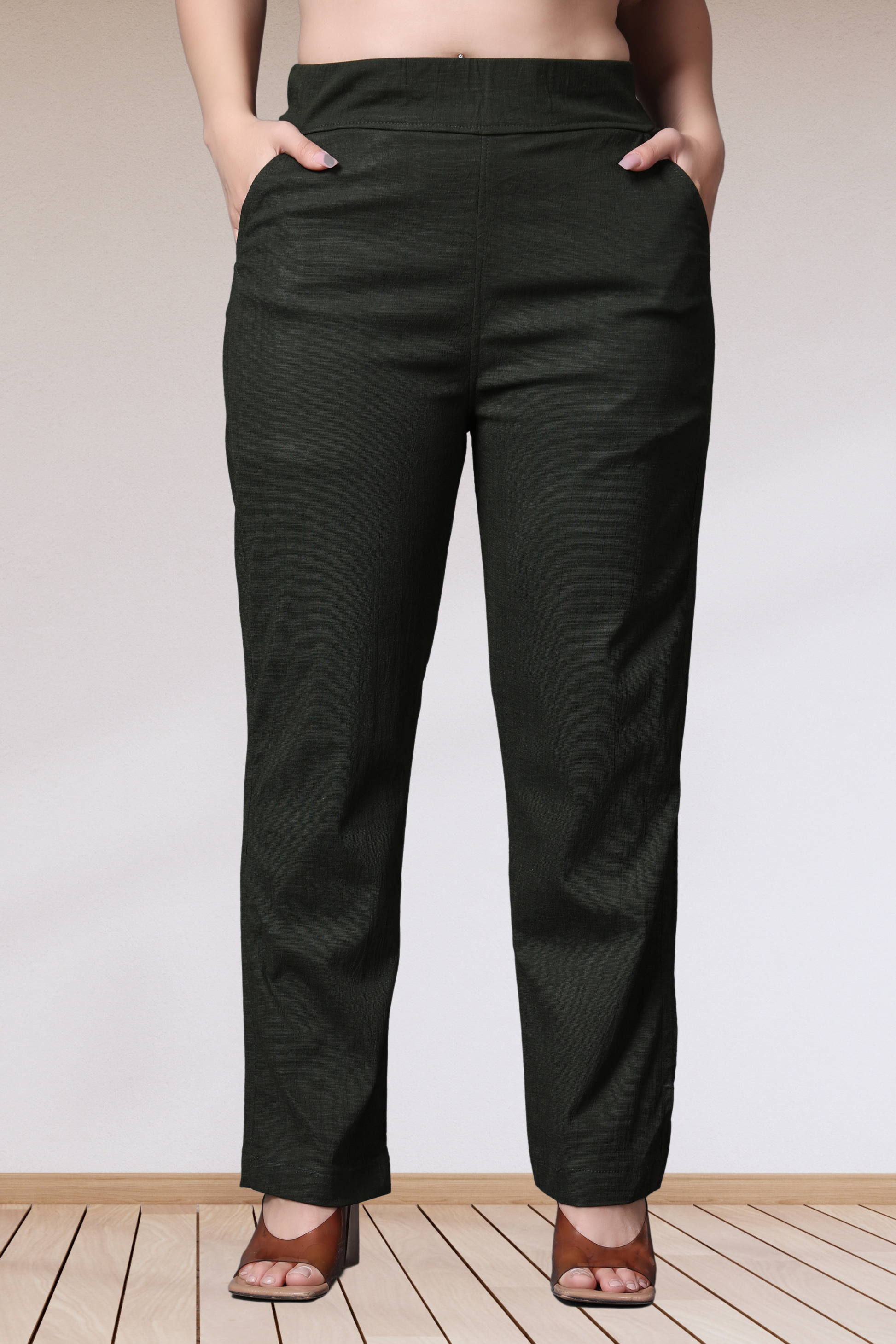 Buy Plus Size ​Mehandi Lycra Slub Pants At Apella | Sizes XS to 10 XL | India | Free Delivery | Customized