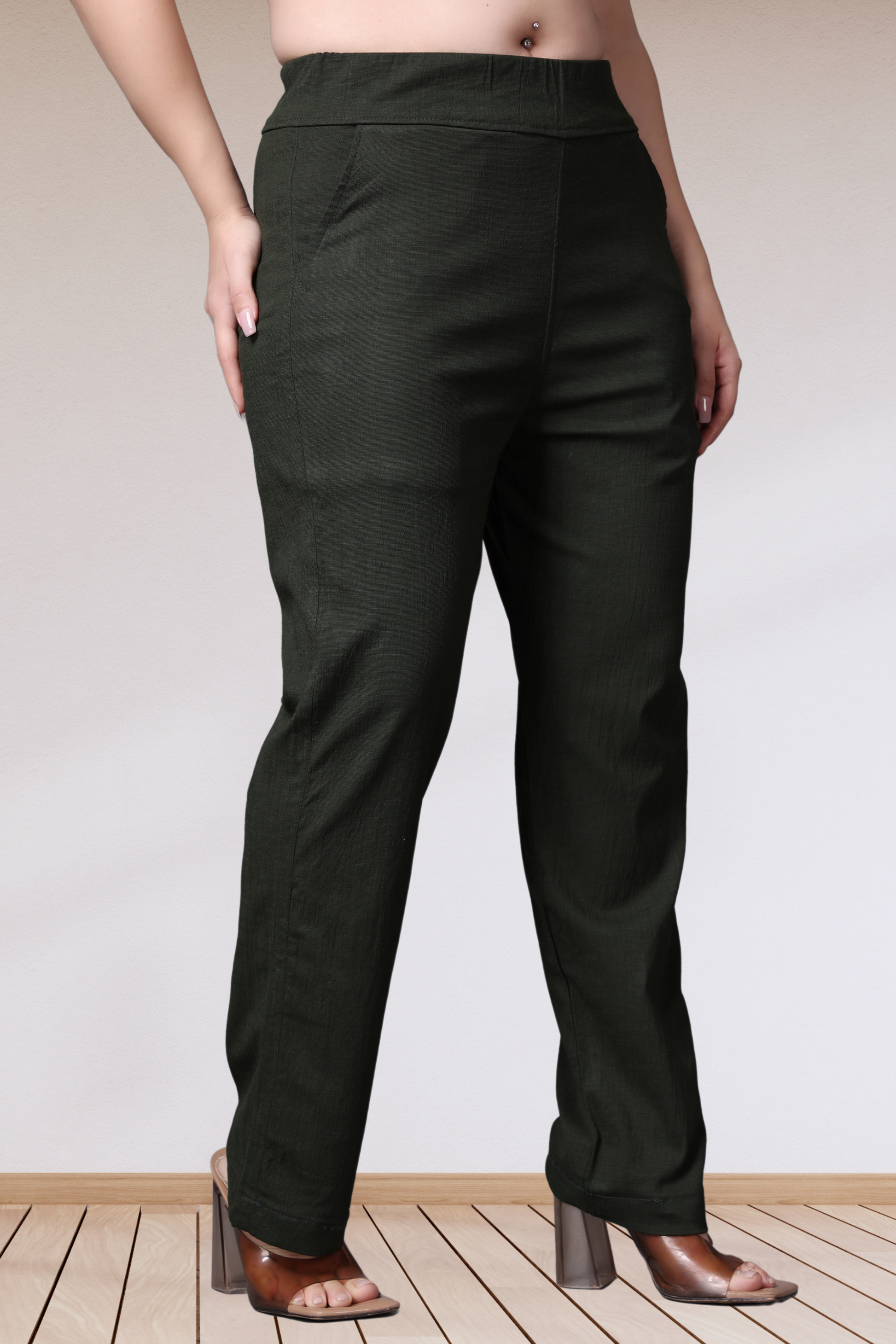 Buy Plus Size ​Mehandi Lycra Slub Pants At Apella | Sizes XS to 10 XL | India | Free Delivery | Customized