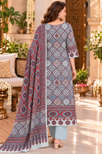 Nayab Blue Ajrakh Suit With Beads Highlights