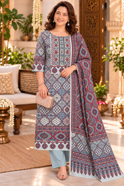 Nayab Blue Ajrakh Suit With Beads Highlights