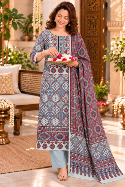 Nayab Blue Ajrakh Suit With Beads Highlights