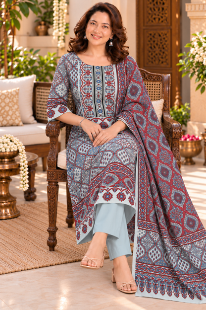 Nayab Blue Ajrakh Suit With Beads Highlights