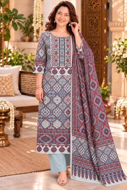 Nayab Blue Ajrakh Suit With Beads Highlights