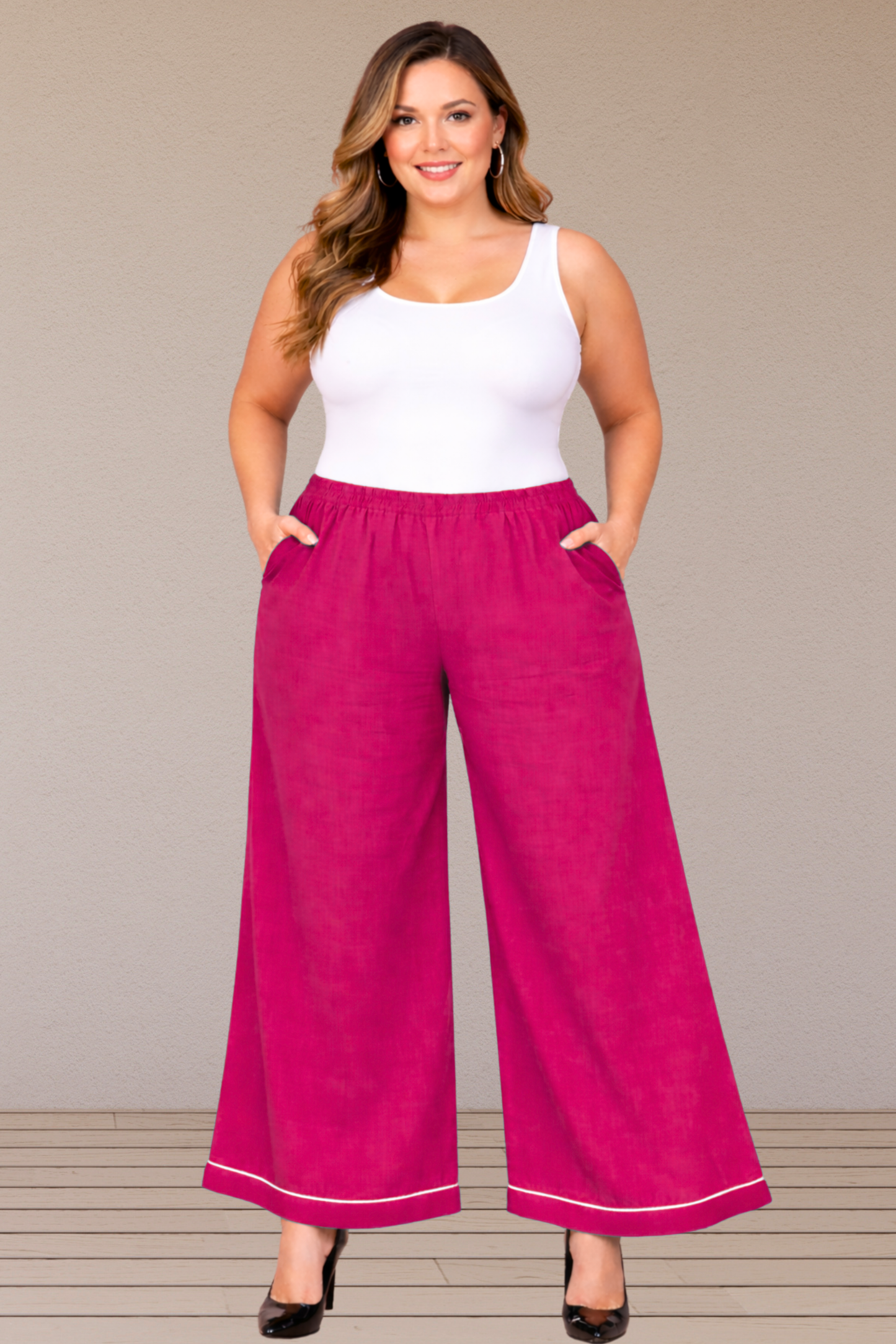 Magenta Detailed Hemline Rayon Palazzo