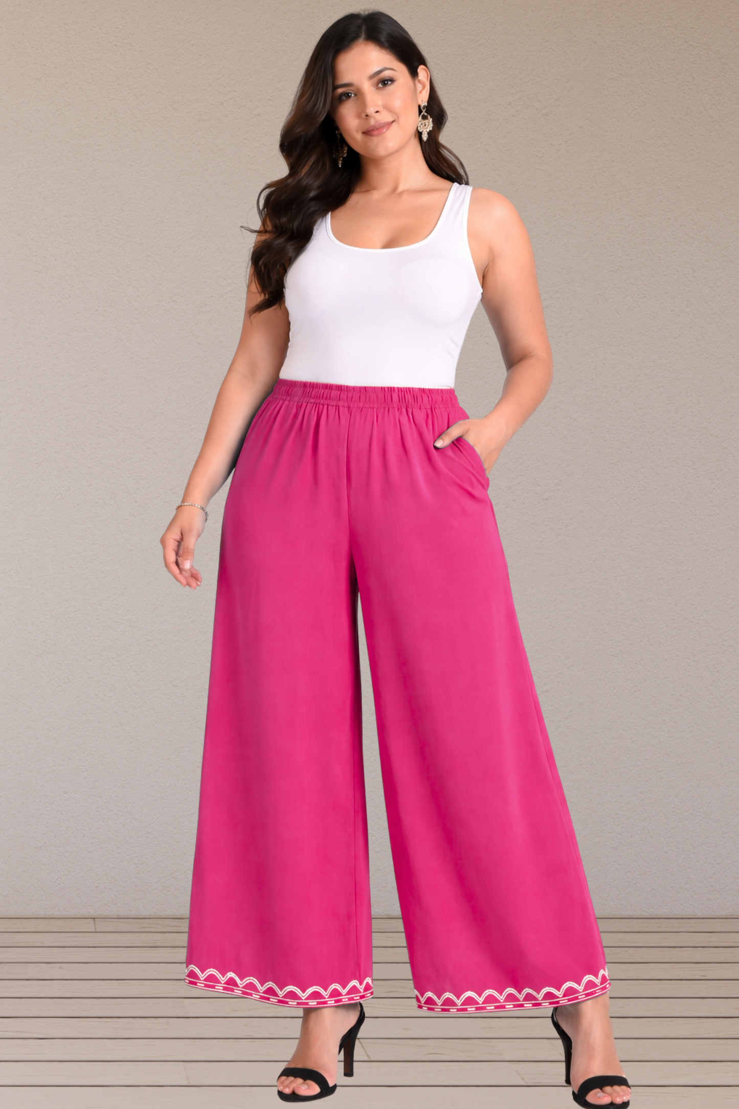 Magenta Embroidered Rayon Palazzo