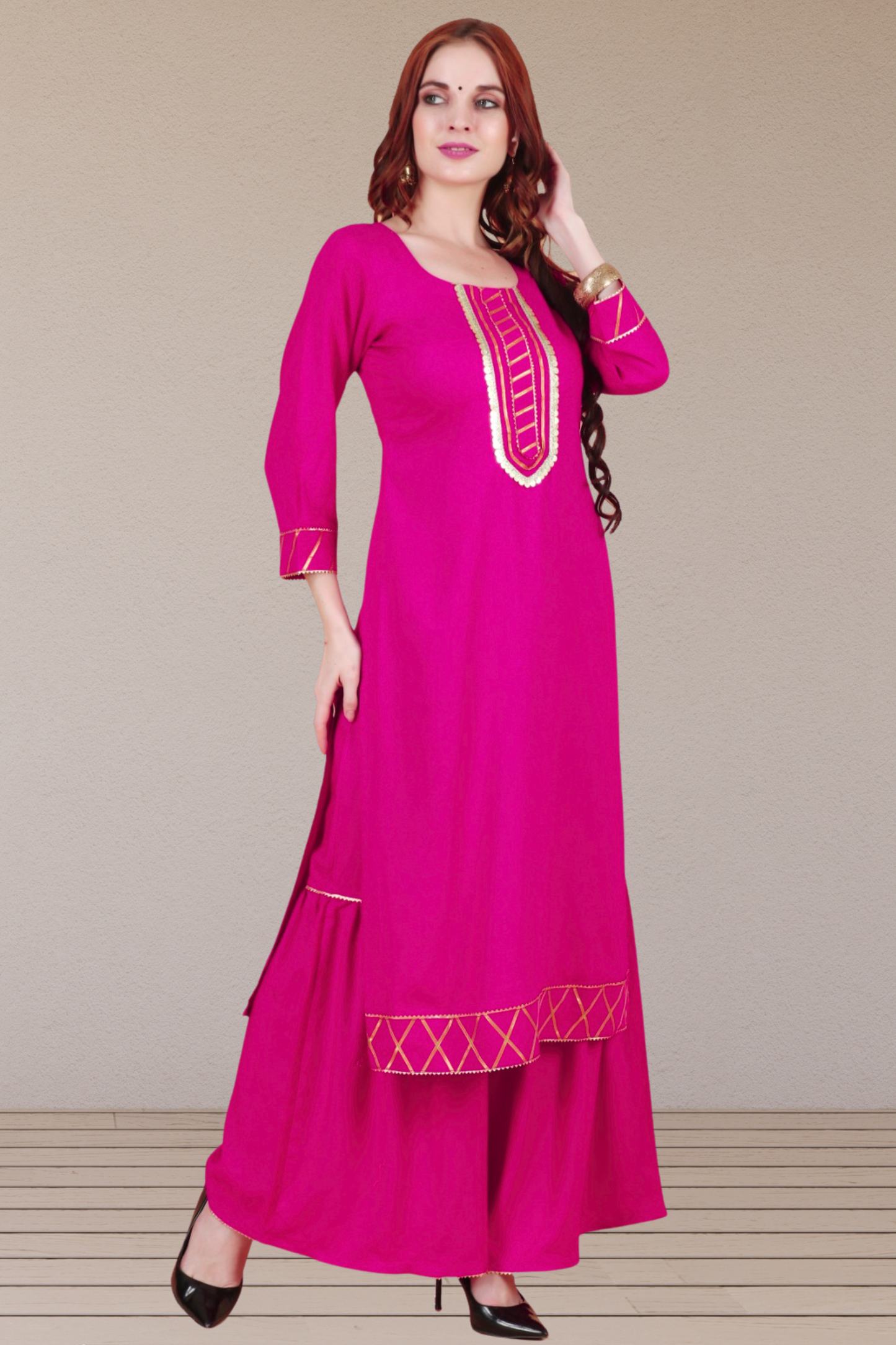 Magenta Golden Lace Work Suit Set