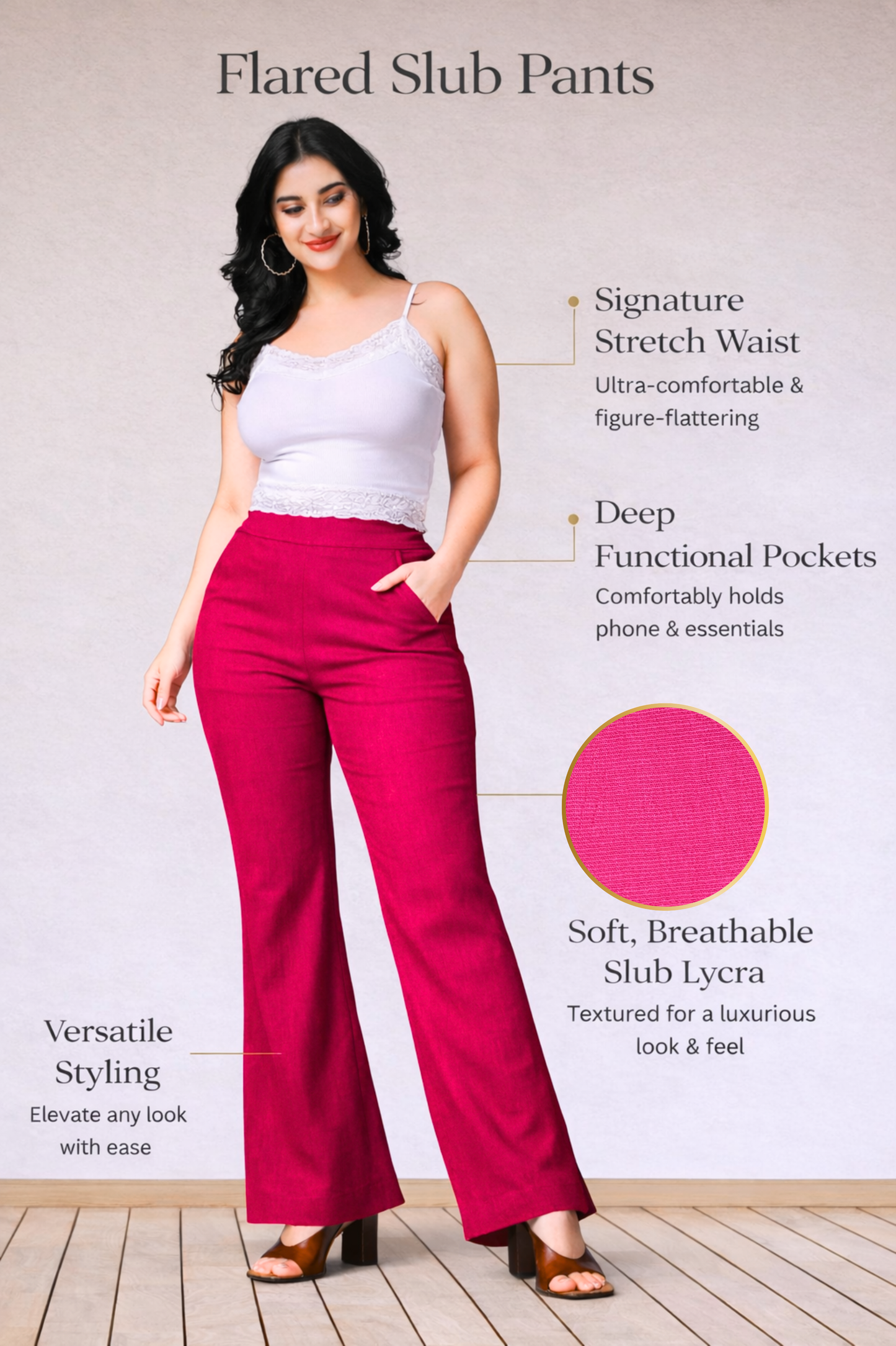 Magenta Flared Slub Pants