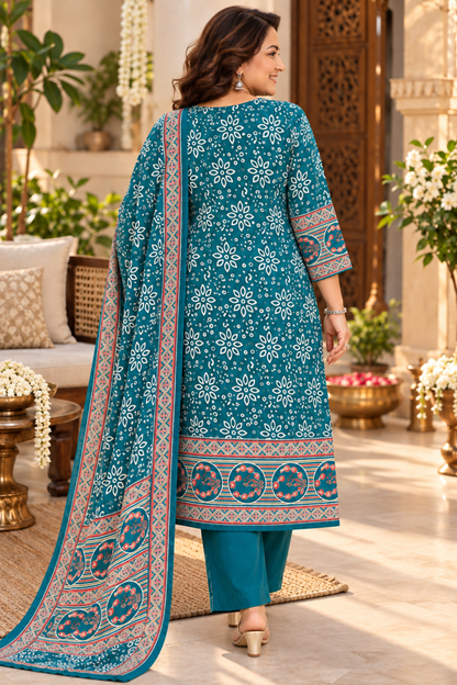 Aafiya Teal Ajrakh Suit With Beads Highlights