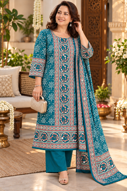Aafiya Teal Ajrakh Suit With Beads Highlights